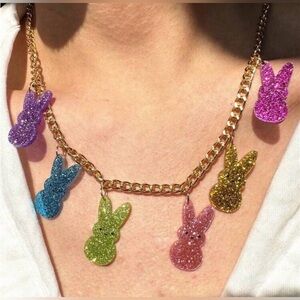 Glitter Bunny Charm Gold Chain Necklace - Multicolor